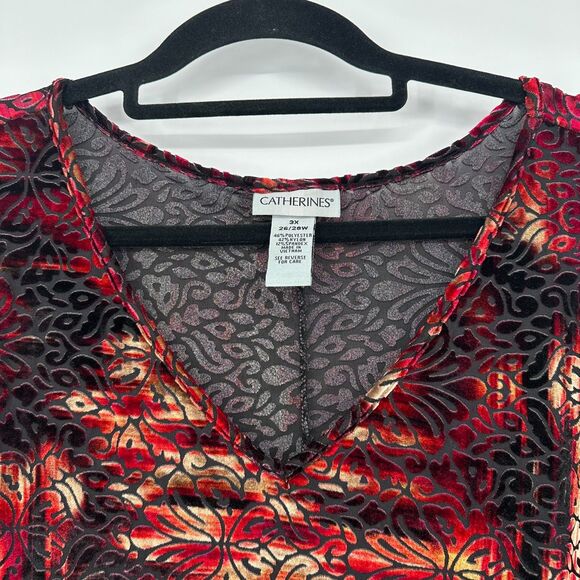 Catherines Womens Velvet Burnout Tunic Top Size 3X Dark Floral 3/4 Sleeve V Neck - Picture 5 of 8
